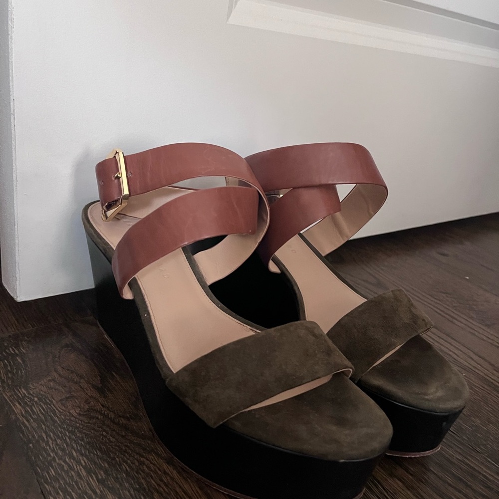 Veronica Beard Brown Leather & Olive Suede Platform Sandals
